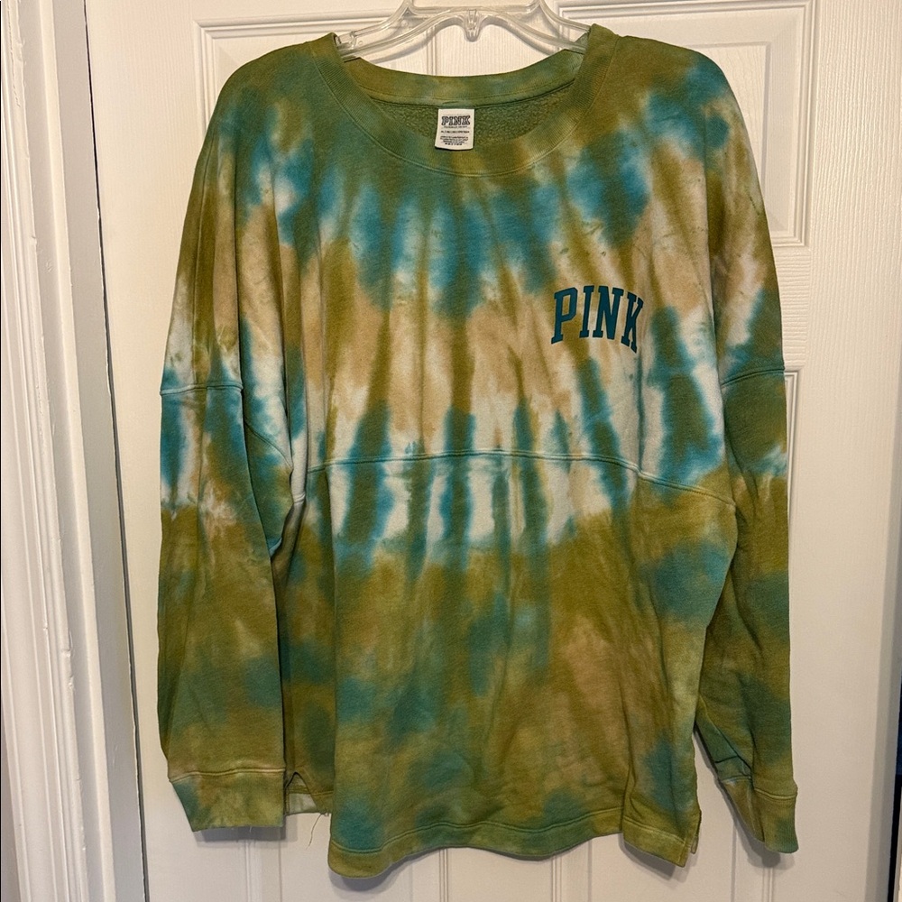 PINK Tie-Dye Sweatshirt with Blue Lettering